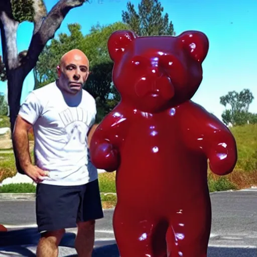 Image similar to joe rogan fighting a life sized gummy bear