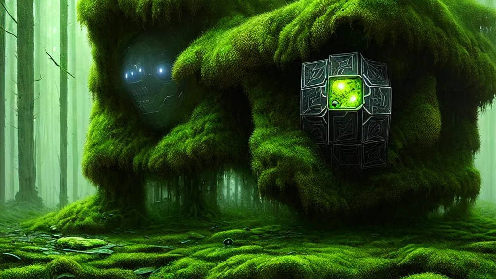 Image similar to a hube alien cube with a strange texture from nanotechnology, forgotten and overgrown with moss, lost in the forest, detailed digital art by greg rutkowski.