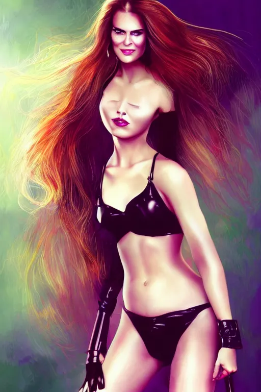 Image similar to mix of beautiful young maria shriver, mariel hemmingway, brooke shields, nicole kidman and elle macpherson as a dominatrix, thin lips, hair tied up in a pony tail, dark blonde hair, colorful, deviantart, artstation, cgsociety