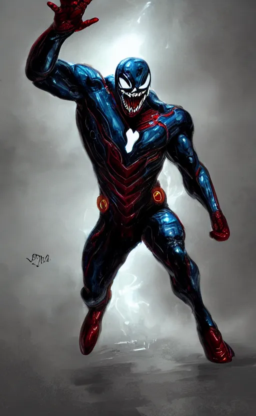 Image similar to venom as ironman, dynamic lighting, photorealistic fantasy concept art, trending on art station, stunning visuals, terrifying, creative, cinematic