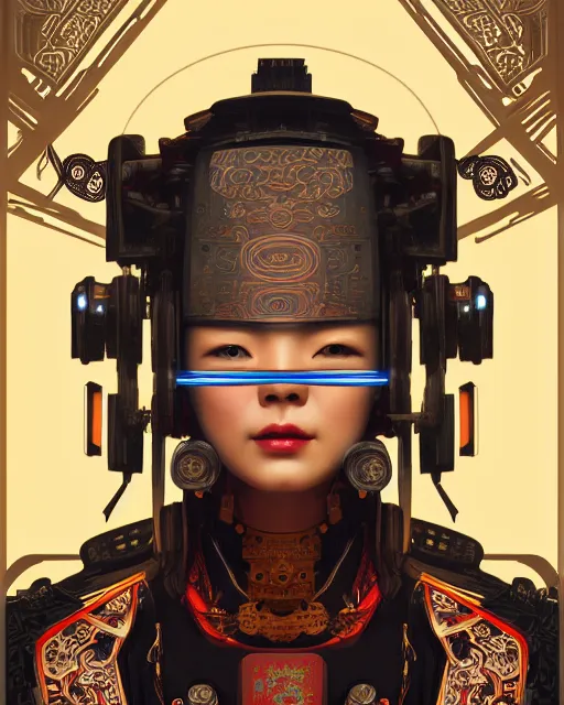 Image similar to portrait of a cyberpunk machine, machine face, upper half portrait, decorated with chinese opera motifs, asian, fine china, wuxia, traditional chinese art, intricate, elegant, highly detailed, symmetry, headpiece, digital painting, artstation concept art smooth sharp focus, illustration, art by artgerm and greg rutkowski alphonse mucha 8 k