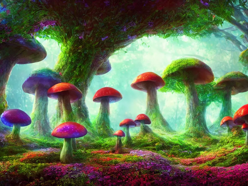 Image similar to a beautiful otherworldly fantasy landscape of giant luminous mushroom trees forming canopies over bright colorful mythical sprouted floral plants on the ground, like alice in wonderland, rendering, cryengine, deep color, vray render, cinema 4 d, cgsociety, bioluminescent