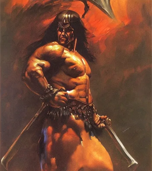 Image similar to conan the barbarian, portrait, oil painting, dark atmosphere, elegant, illustration, art by frank frazetta