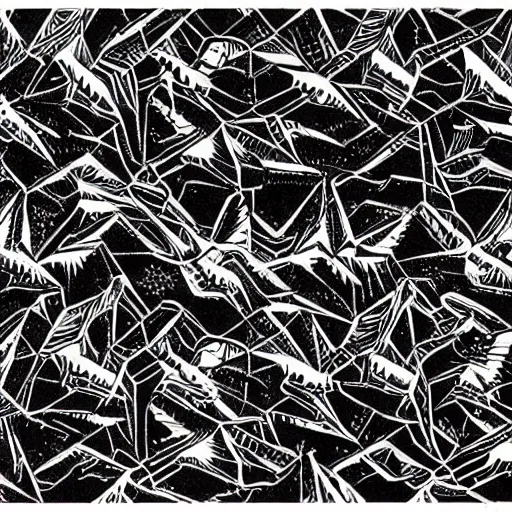 Image similar to a graphical pattern of white wolves into black geese by mc escher, aerial view, scared black geese, angry white wolves, hexagonal pattern, intricate details, screen print, frameless