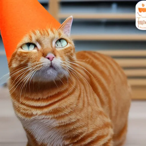 Prompt: orange tabby cat wearing a dunce cap, realistic photography