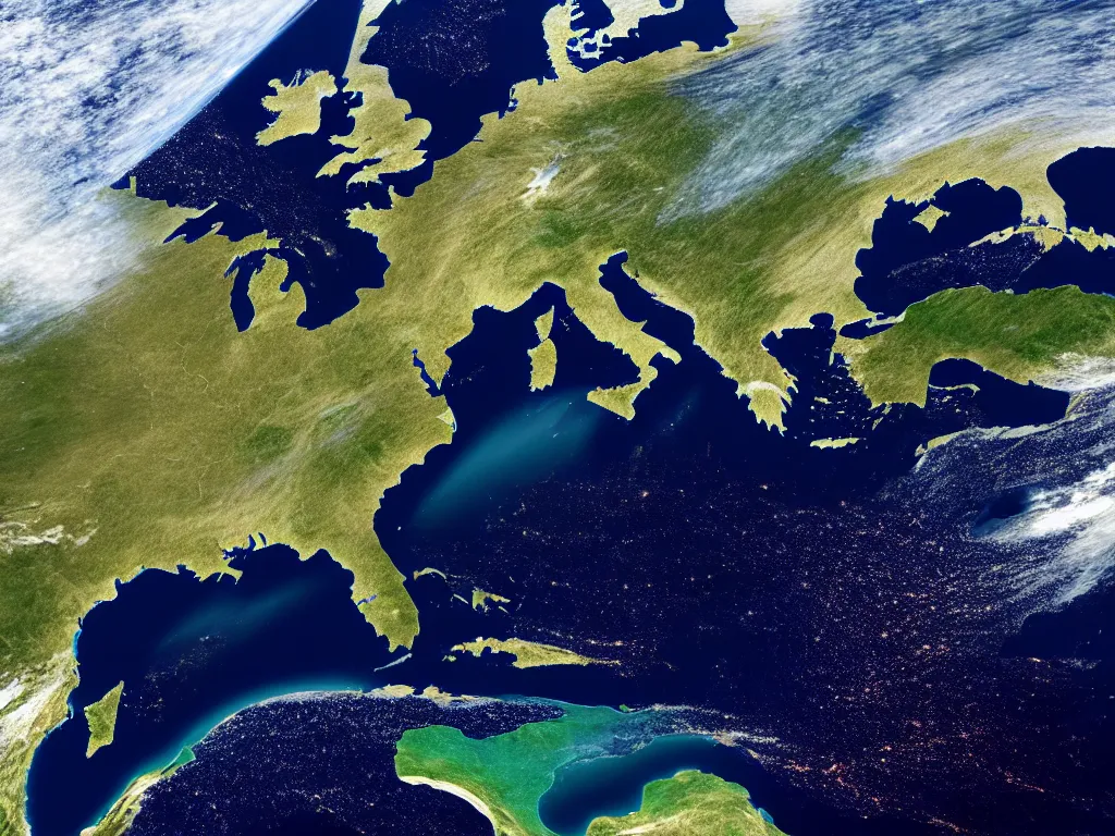 Image similar to satellite view of europe with a gigantic super computer visible from space, artstation, volumetric light, high detail, reflections, perfect, concept art, hdr, 8 k