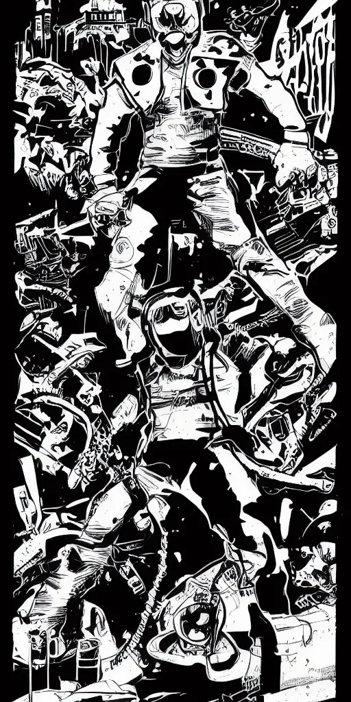 Image similar to comic book cover for a studio with a chainsaw, black and white, black paper, street printed poster, vector art, illustration,
