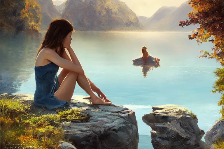 Prompt: an epic cinematic masterpiece of hyperrealism in which a girl sits on a rock by a lake with her feet in the water, a realistic poster with shaded lighting from craig mallismo, artgerm, jeremy lipkin and michael garmash, unreal engine, radiant light, detailed and complex environment, digital art, art station trends