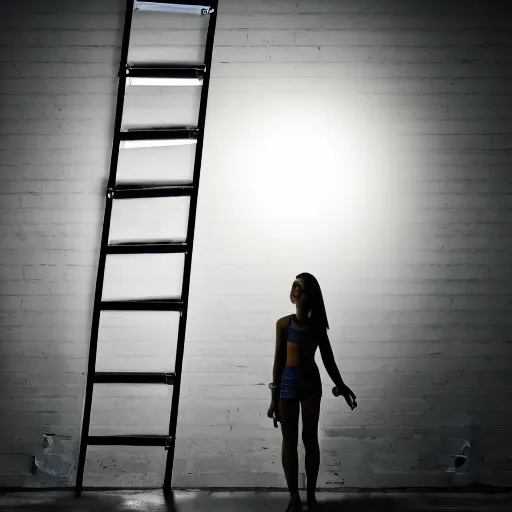 Image similar to a glowing cyborg girl, standing on a ladder, replacing a defective lightbulb. dark room.