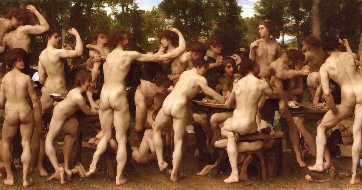 Image similar to large group of pre-Raphaelite muscular athletic male wearing headset siting and working on macbook Bouguereau and raphael