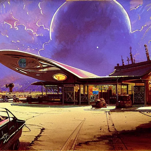 Prompt: painting of syd mead artlilery scifi organic shaped gas station with ornate metal work lands on a farm, fossil ornaments, volumetric lights, purple sun, andreas achenbach