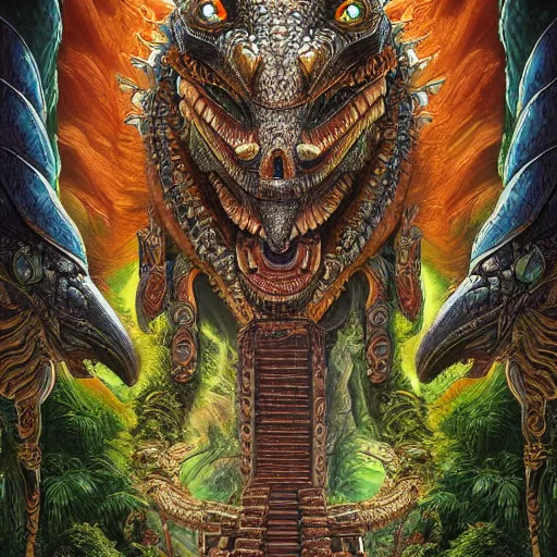 Prompt: digital painting of gigantic mayan feathered serpent god, by filipe pagliuso and justin gerard, jungle, fantasy, highly detailed, ominous, intricate, sharp focus, tarot card, snake, fangs