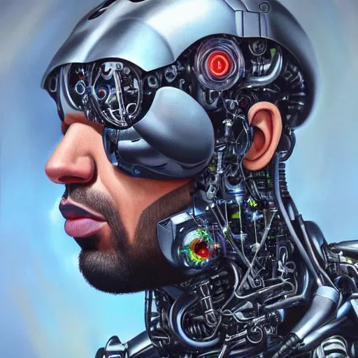 Prompt: a realistic oil painting of drake as a cybernetic cyborg, surrealism portrait, surrealism album cover