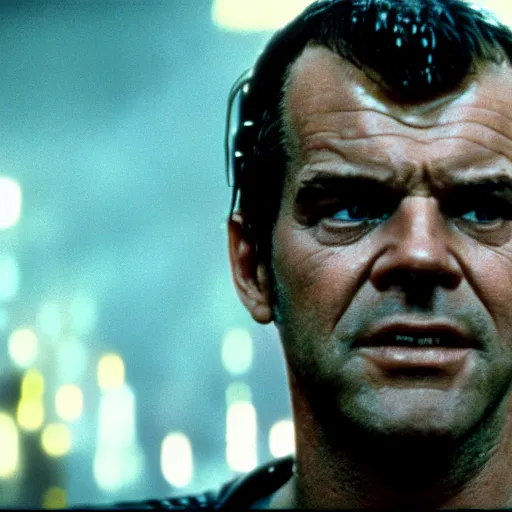 Prompt: young Jack Nicholson as Rick Deckard on blade runner 1982, slightly smiling, wide angle lens, movie still, in color, movie frame, detailed face, symmetrical face, 4k