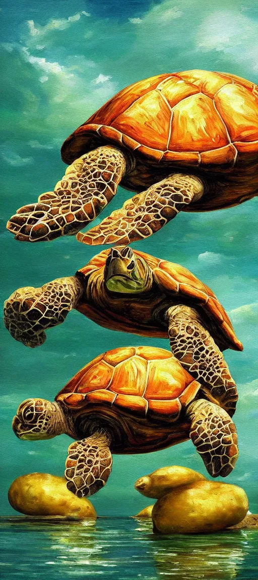 Image similar to giant turtle eating potatoes oil painting