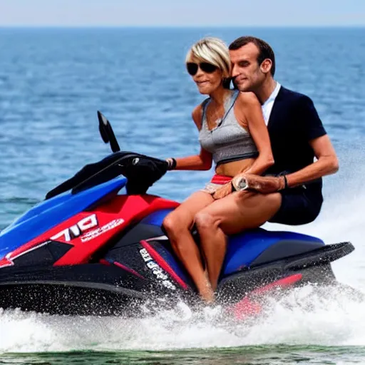 Prompt: a photo of emmanuel macron on a jetski with brigitte macron