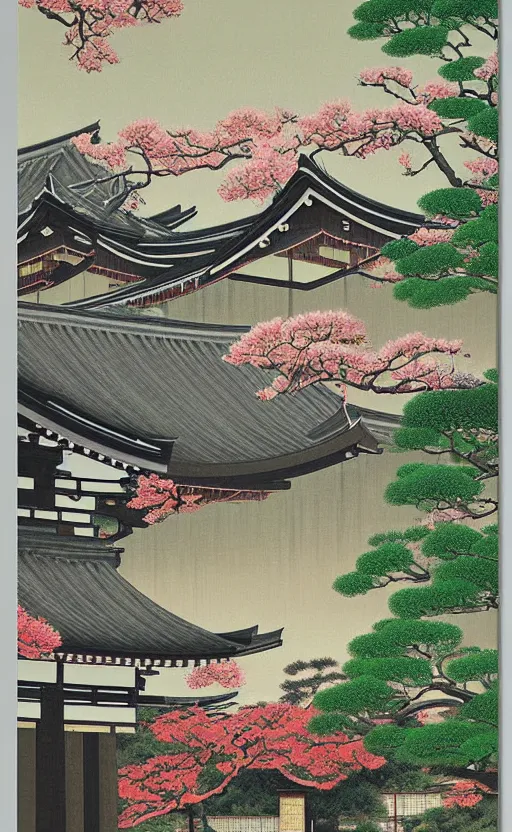 Prompt: japanese inspired poster, beautiful japanese architecture and nature, oil on canvas, japanese art beautiful aesthetic