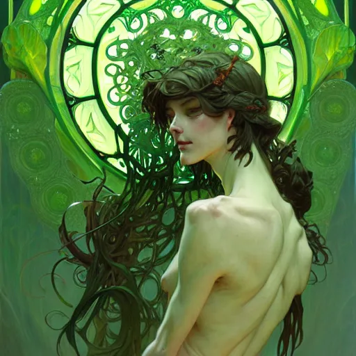 Image similar to Green Man, druid, fantasy, intricate, elegant, highly detailed, digital painting, artstation, concept art, smooth, sharp focus, illustration, art by Krenz Cushart and Artem Demura and alphonse mucha