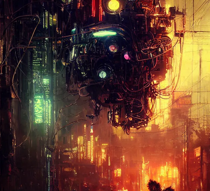 Prompt: robot cyborg lion, many wires and neon lights exposed, metal and glowing eyes, cyberpunk, highly detailed painting by jeremy mann and cd projekt red