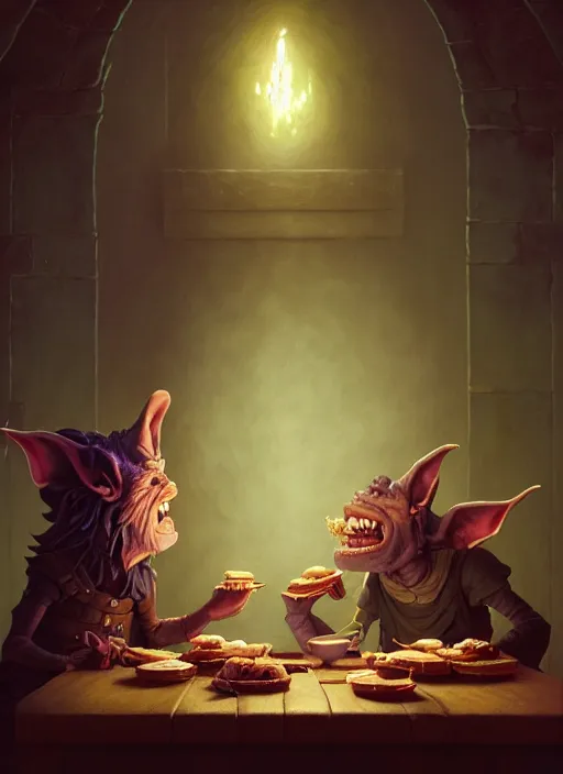 Image similar to highly detailed portrait of a medieval goblin eating cakes, stephen bliss, unreal engine, greg rutkowski, loish, rhads, beeple, makoto shinkai and lois van baarle, ilya kuvshinov, rossdraws, tom bagshaw, tom whalen, alphonse mucha, global illumination, god rays, detailed and intricate environment