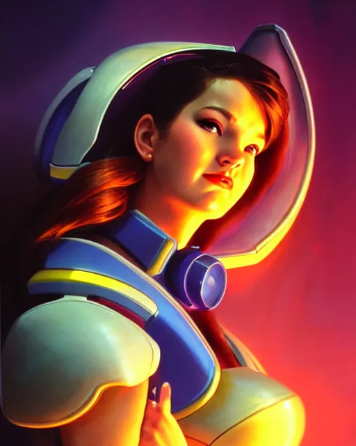 Image similar to d. va from overwatch, character portrait, portrait, close up, vintage fantasy art, vintage sci - fi art, radiant light, caustics, by boris vallejo