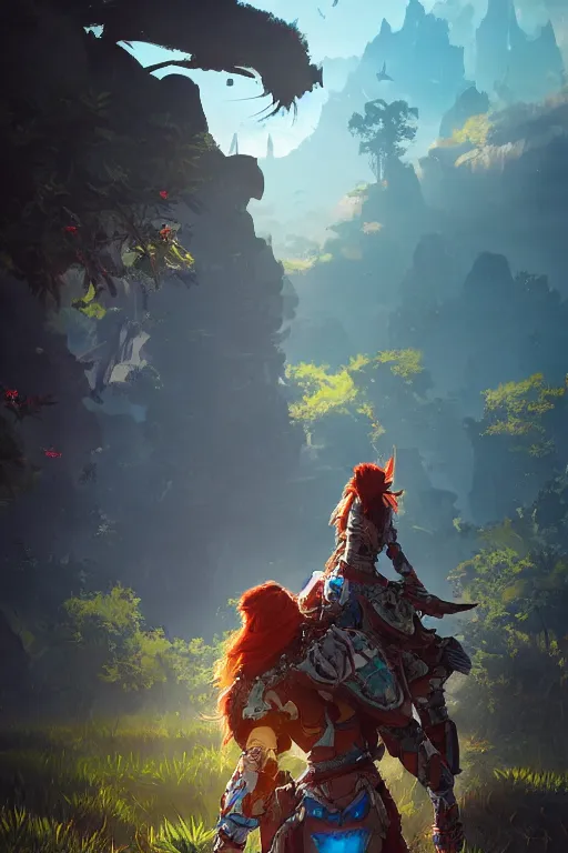 Image similar to combination suit armor aloy horizon forbidden west horizon zero dawn radiating a glowing aura global illumination ray tracing hdr fanart arstation by ian pesty and alena aenami artworks in 4 k tribal robot ninja mask helmet backpack