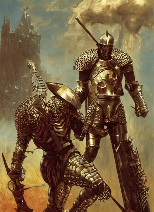 Prompt: gary busey as knight in armour, dynamic action, by lawrence alma - tadema and zdzislaw beksinski and norman rockwell and jack kirby and tom lovell and greg staples, artstation creature art