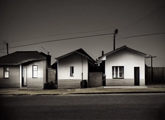 Image similar to small suburban houses in South Africa at night inspired by Edward Hopper, Photographic stills, photography, fantasy, moody lighting, dark mood, imagination, cinematic