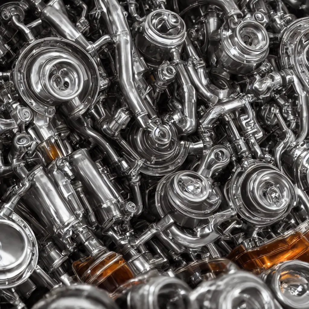 Image similar to eight cylinder engine with beer cans instead of pistons very detailed, 4 k, professional photography