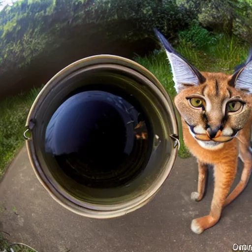 Image similar to fisheye photo of a caracal hissing