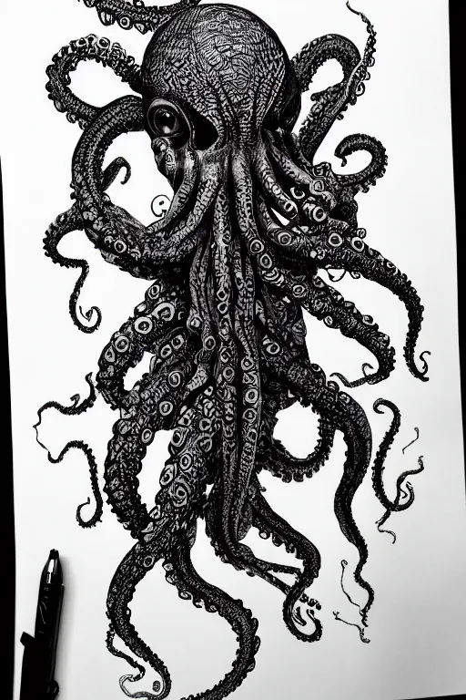 Image similar to black ink on paper, alien octopus, trending on artstation, beautiful, intricate, detailed