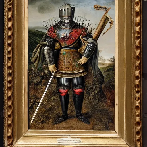 Prompt: a knight in black plate armour standing on a mountain top, holding a sword pointed to the ground, painted by guiseppe arcimboldo