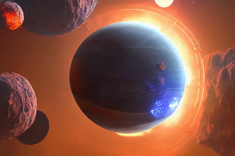 Image similar to beautiful sci fi space landscape with perfectly spherical planets, concept art trending on artstation, blue and orange, volumetric lighting, 8k