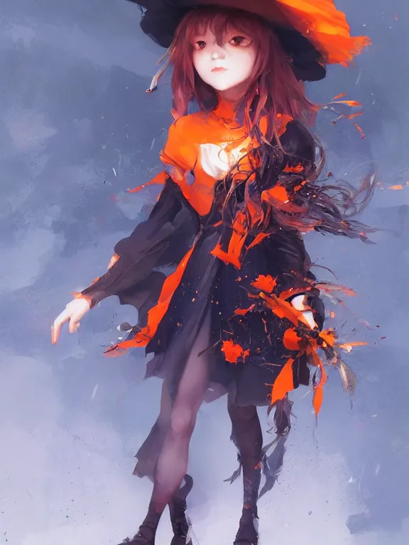 Image similar to Full shot of a cute mischievous young witch about to get up to some trouble. Black and Orange palette. By Ruan Jia and Artgerm and Range Murata and WLOP and CLAMP. Key Art. Fantasy Illustration. award winning, Artstation, intricate details, realistic, Hyperdetailed, 8k resolution.