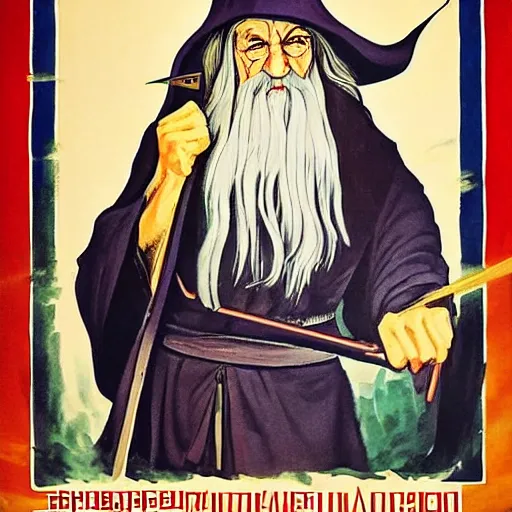 Image similar to gandalf as russian propaganda poster painting