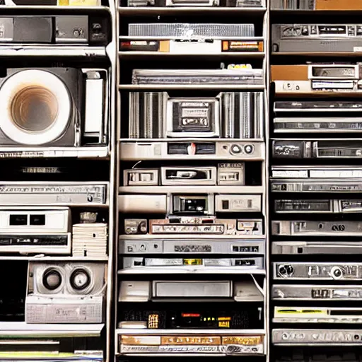 Prompt: dark room packed with stacks and stacks of boomboxes