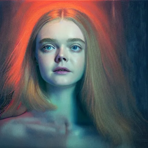 Prompt: Elle Fanning as a hologram in the world of Adam Wyeth, head and shoulders portrait, stormy weather, extremely detailed masterpiece, oil on canvas, low-key neon lighting, artstation, Blade Runner 2049, Roger Deakin’s cinematography, by J. C. Leyendecker and Peter Paul Rubens and Edward Hopper and Michael Sowa,