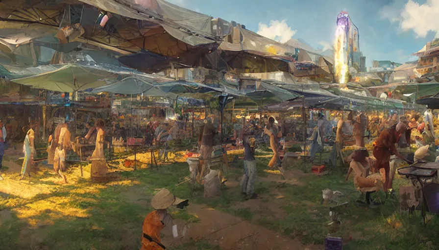 Image similar to craig mullins and ghibli digital illustration of solarpunk farmers market festival under a force field, scifi, colorful, unreal engine, hyper realism, realistic shading, cinematic composition, realistic render, octane render, detailed textures, photorealistic, wide shot