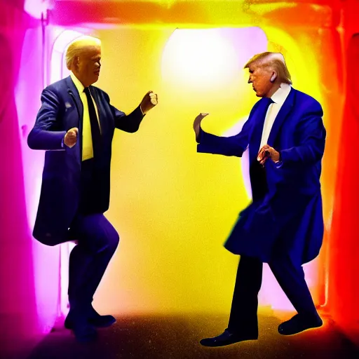 Image similar to donald trump and joe biden fighting inside of a car wash with neon lighting, 4k realistic photo