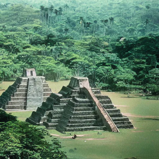 Prompt: mayan pyramids in a jungle next to a camp with tents and a river, photorealistic, highly detailed, photo, cinestill