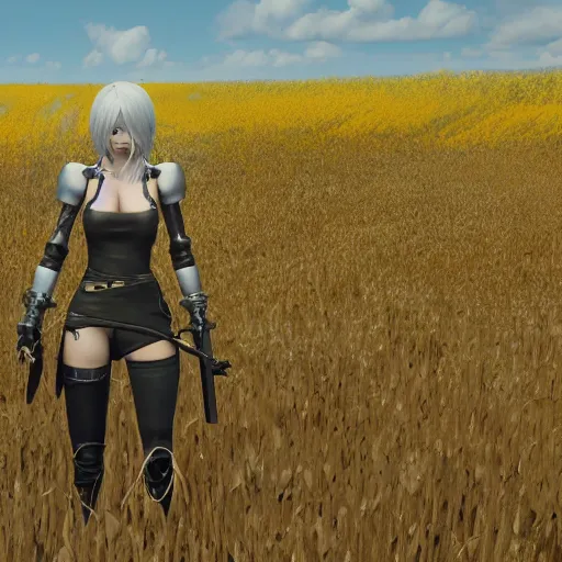 Image similar to a high resolution very detailed image of a 2 in russian tank boss fight from nier : automata in yellow rye field under pure blue skies