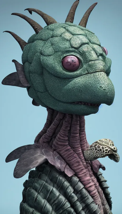 Prompt: a smartly dressed strange bird turtle giraffe chimera creature with scales feathers fins tusks on a lush fertile alien planet, in the style of shaun tan, sam shearon, dr seuss, leng jun, max ernst, close up, fantastic, wonderful, science fiction, dramatic studio lighting, atmospheric, national geographic, 3 d sculpture 8 k octane render