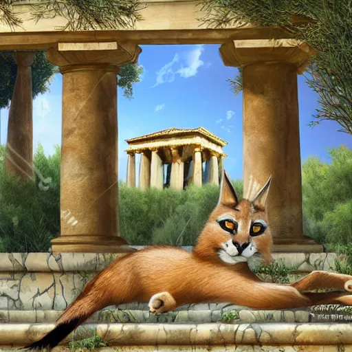 Image similar to cute fluffy caracal in ancient greek town, marble columns, olive trees, sunny, a beautiful landscape by gediminas pranckevicius