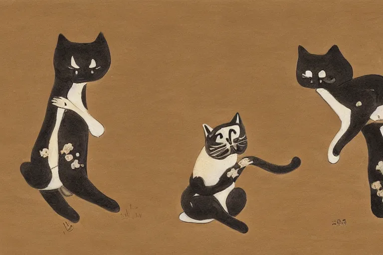 Prompt: a high detail paint of Two cats dancing around Jomon pottery, in simple background, concept art, mad painting