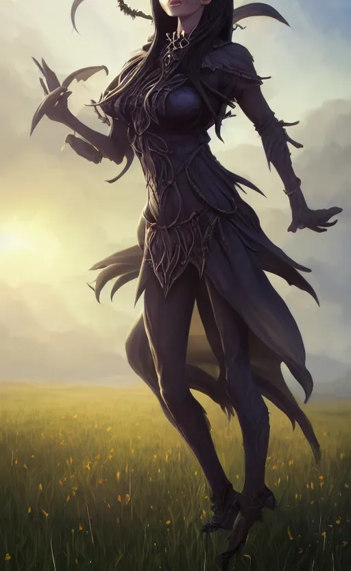 Image similar to medium shot of dark elf witch in field, sunny, highly detailed, d & d, fantasy, highly detailed, digital painting, trending on artstation, concept art, sharp focus, illustration, global illumination, ray tracing, realistic shaded, art by artgerm and greg rutkowski and fuji choko and viktoria gavrilenko and hoang lap