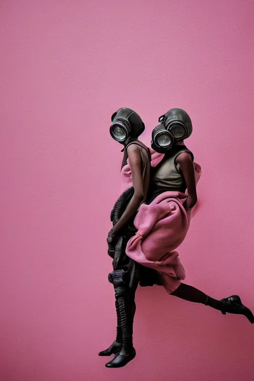 Image similar to a surreal portrait of intertwined and contorted figures wearing gas mask next to a pink wall in the style of brooke didonato, editorial fashion photography from vogue magazine, full shot, nikon d 8 1 0, ƒ / 2. 5, focal length : 8 5. 0 mm, exposure time : 1 / 8 0 0, iso : 2 0 0