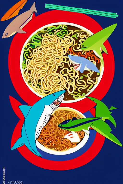 Image similar to a colorful shark eating ramen by leo lionni