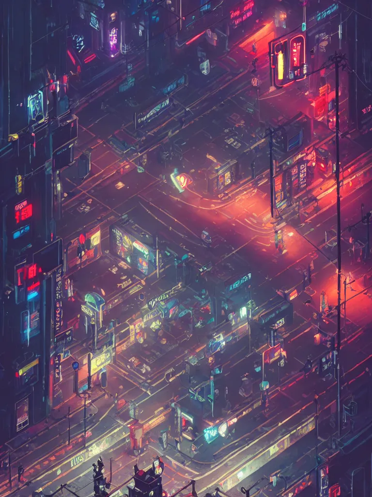 Prompt: isometric _ view _ of _ a _ cyberpunk _ neo - tokyo _ street _ with _ illuminated _ signs _ and _ wet _ pavement _ by _ andrei _ riabovitchev _ shaun _ tan _ peter _ mohrbacher _ a