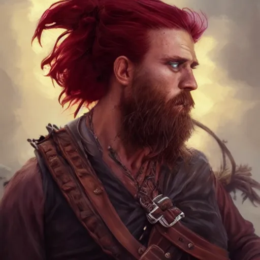 Image similar to portrait of a young pirate, 30 years old, male, ruggedly handsome, masculine, upper body, red hair, long hair, D&D, fantasy, intricate, elegant, highly detailed, cinematic lighting, digital painting, artstation, concept art, seductive, cutscene, sharp focus, illustration, art by Artgerm and Greg Rutkowski and Alphonse Mucha