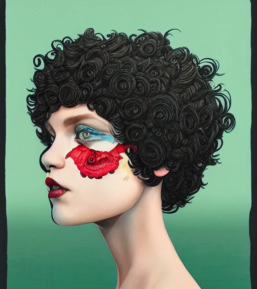 Image similar to beautiful girl, short black curly hair, round face : : by martine johanna and simon stalenhag and chie yoshii and casey weldon and guillermo del toro : : lake : : ornate, dynamic, particulate, rich colors, intricate, elegant, highly detailed, centered, artstation, smooth, sharp focus, octane render, 3 d